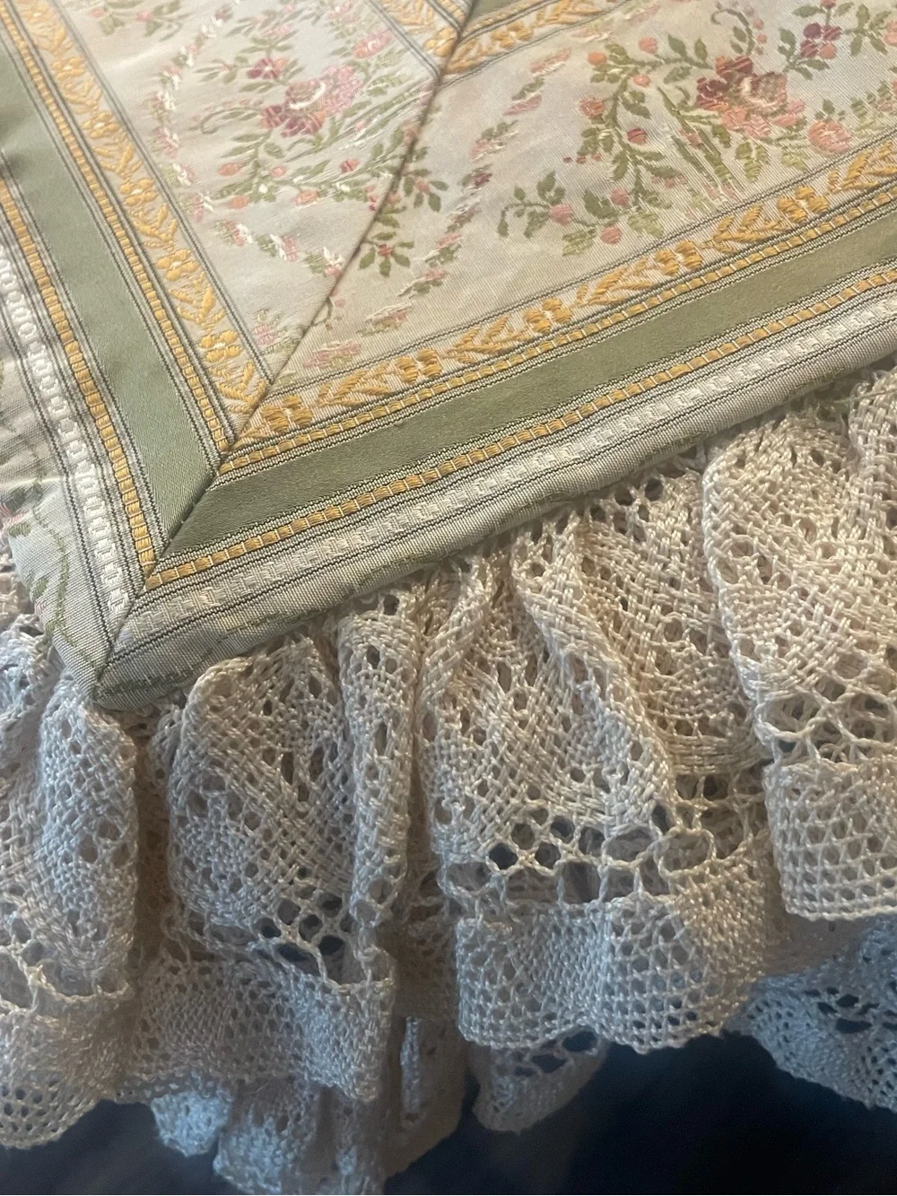 “My Baby” Vintage-Inspired Cream with Green & Pink Floral Border Throw. 48” sq